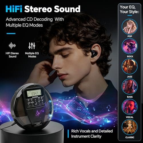 Portable CD Player with Bluetooth and Speaker, 10H Playtime Rechargeable personal CD Player, HiFi Stereo Sound, 60s Anti-Skip Protection, PROG Playback & EQ Modes, Headphones and AUX Cable Included — view 3