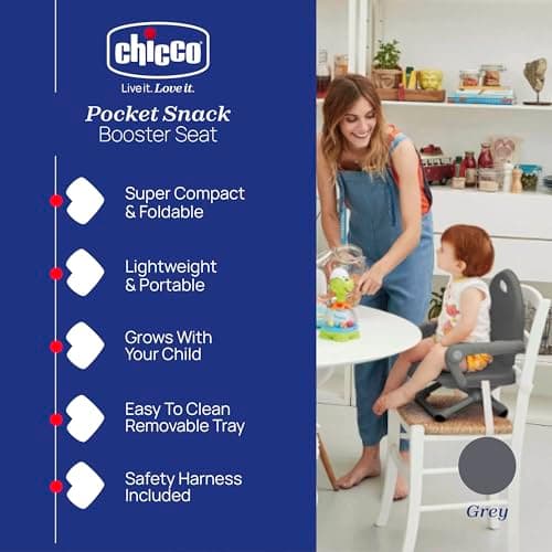 Chicco Pocket Snack Booster Seat Dining Chair for Children from 6 Months to 3 Years 15kg, Portable and Adjustable Baby High Chair with Compact Closure and Removable Tray Dark Grey — view 2