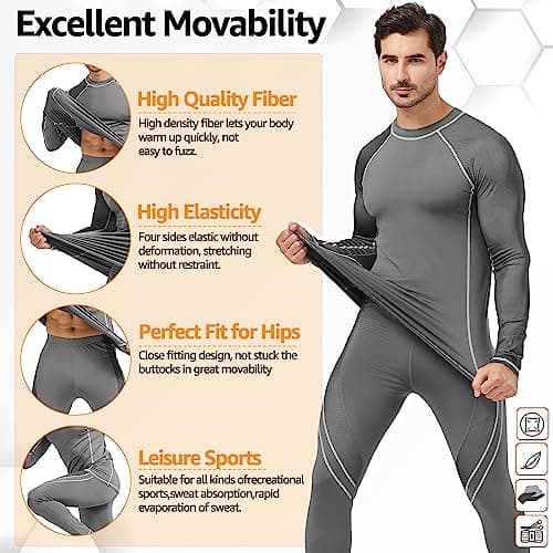 UNIQUEBELLA Mens Thermal Underwear Set Long Sleeve Tops Long Johns Thermal Base Layer Bottom Fleece Lined Quick Drying — view 5