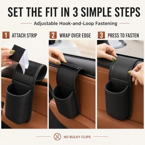 Leather Car Door Cup Holder, Window-Mount Drink & Phone Organizer (Black) — view 3