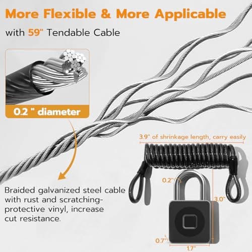 Anweller Fingerprint Padlock with APP, Steel Cable Keyless Biometric Smart Padlock,Gym Locker Padlocks Waterproof for Gym, Locker, Helmet, Gate, Fence, Luggage — view 4