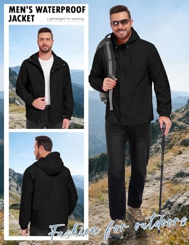 Xnova Mens Waterproof Jackets Lightweight with Hood, Packable Rain Jacket Windbreaker Zipper Rain Coat for Hiking Cycling Outdoor Work, Black, L — view 2