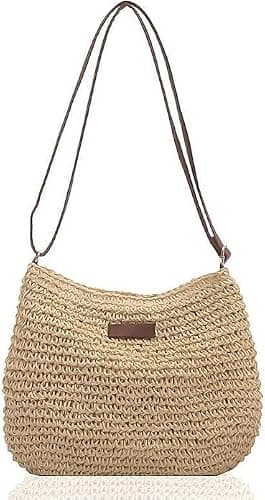 Yunzhou1230 Straw Bag for Women, Summer Straws Beach Bag with Zip & Adjustable Strap, Bohemian Weave Holiday Handbag, Straw Crossbody Bag for Travel, Crochet Handbags for Summer Holidays