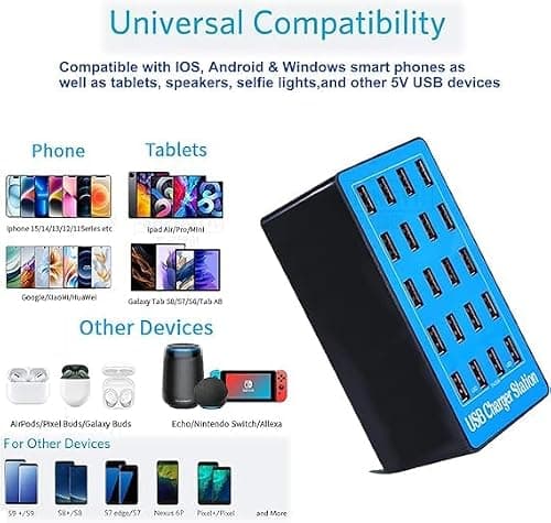 Balabaxer Blue USB Charger Station, 20-port 100W/20A multi-device USB charging station, is a versatile multi-port charger designed for smartphones, tablets, and various other devices. — view 2