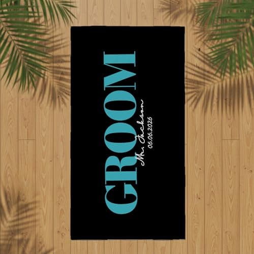 Print Maniacs Personalised Groom Beach Towel with Name and Date Custom Microfibre Towel Large Quick Dry Lightweight Travel Towel Wedding Honeymoon Stag Party Pool Spa Gift for Him — view 5