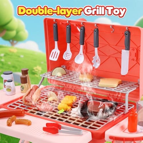 CUTE STONE Kids BBQ Grill Playset, Toy Grill Cooking Set with Sound, Lights & Spray, Play Grill Included Cookware, Play Kitchen Accessories, Play Food,Indoor Outdoor Kitchen Playset for Toddlers Girls — view 6