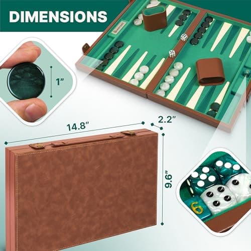 Large Backgammon Set for Adults – Classic Board Game for 2 Players – 15 Inch Premium Backgammon Board with Alcantara & Faux Leather Case, 32 Playing Chips, Dice Cups & Doubling Cube — view 6
