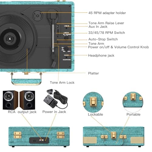 Trynnay Record Player 3 Speed Bluetooth Portable Suitcase Vinyl Player with Built-in Speakers Turntable Enhanced Audio Sound Sky Blue — view 4