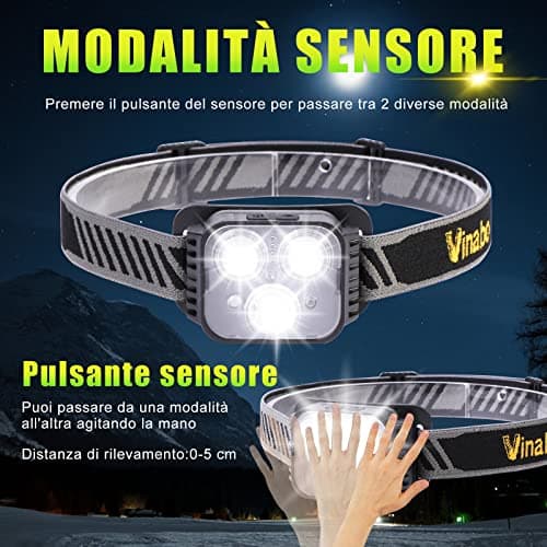 Vinabo Head Torch Rechargeable, LED Headlamp with Red Warning Lights, Camping Headlight with Sensor Control, 6 Light Modes, IPX4 Waterproof for Fishing, Camping, Hiking, Cycling, Running — view 5