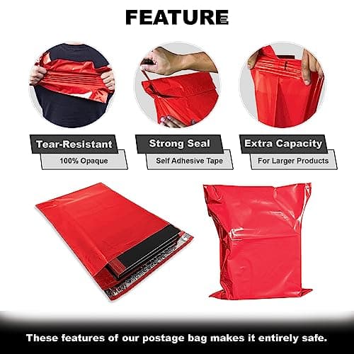 JeeJaan® 50 Pcs Red Postage Bags 12x16 in Mailing Bags 305 x 405 mm Poly Mailers Parcel Bags Envelope Courier Shipping Mailers Waterproof and Tear-Proof Postal Mailer Courier Bags — view 4