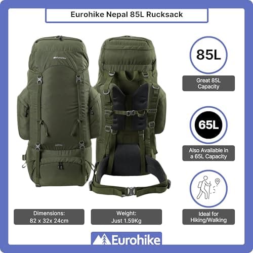 Eurohike Nepal 85 Litre Rucksack with Ventilated Back Panel & Padded Harness, 85L Backpack, Bag for Men & Women, Adjustable, Lightweight, Camping, Hiking, Trekking, Travelling, Outdoor, Green — view 2