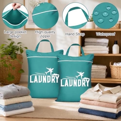 2 Pcs Large Travel Laundry Bags, Portable Waterproof Wet Clothes Bag with Zipper & Handle, Reusable Laundry Bags for Travelling, Swimming, Yoga, Gym, Camping, Family Vacation (Green) — view 2