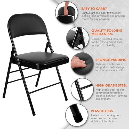 Nyxi Folding Chairs with Padded Paris Faux Leather Seats, Metal Frame, Foldable Chair Home Office Dinning, Multi-Purpose Indoor & Outdoor (Black Leather PVC, 1 X Chair) — view 3