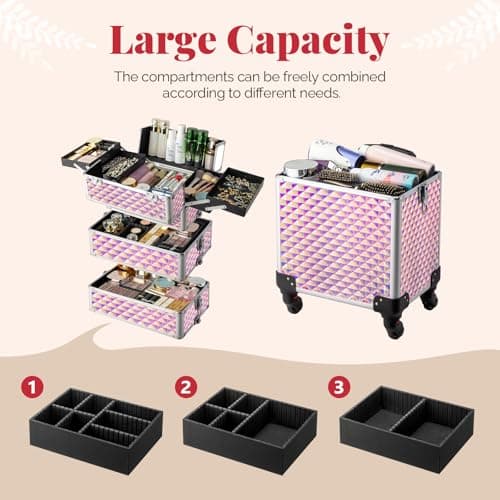 Bonnlo 4 in 1 Rolling Makeup Train Case, Aluminum Makeup Travel Organizer Cosmetic Case, Cosmetology Display Suitcase on Wheels, Beauty Storage Luggage Lockable w/4 Removable Wheels - Pink — view 6