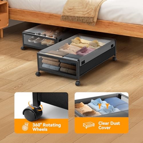 Warmiehomy Underbed Storage on Wheels 2 Pack Storage Boxes with Lid Metal Frame Under Bed Shoe Storage Visible Under The Bed,Storage for Clothes Shoes Toys Blankets — view 4