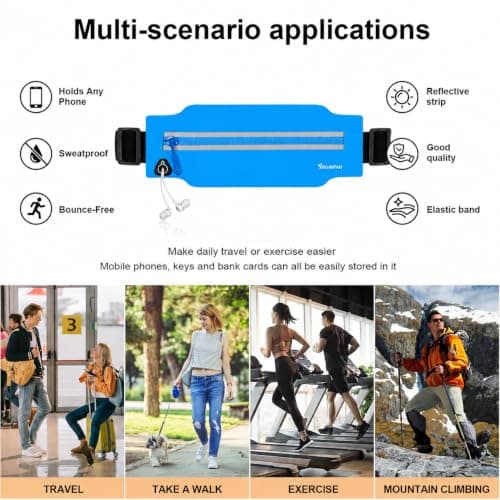 Running Belt for Men & Women, Slim Bum Bag & Running Phone Holder, No Bounce Waist Pack, Water Resistant Reflective Running Pouch, Adjustable Fitness Belt Fits All Smartphones(Blue) — view 4