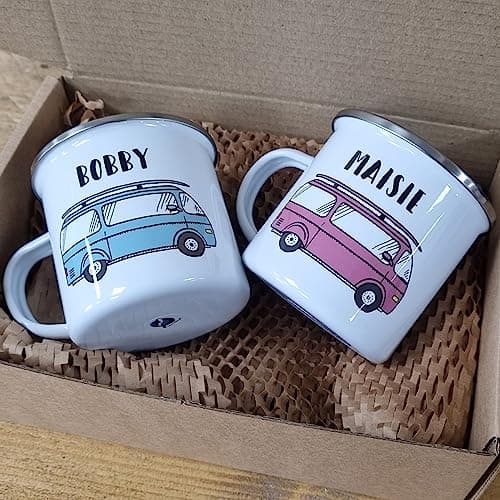 Personalised Campervan Enamel Mug Set - Travel & Adventure - Gift for Him or Her - Motorhome Mug Flask Set - Add Name and Text - Unique Custom Present — view 4