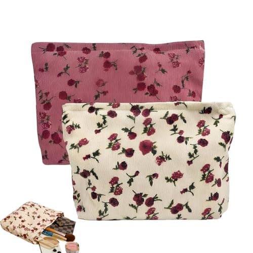 Travel Makeup Bag, 2Pcs Rose Flower Printing Corduroy Toiletry Bag, Large Capacity Floral Toiletry Bags Floral Makeup Bags for Ladies and Girls(Red/Beige)