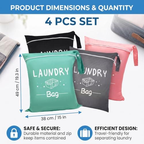 4 Pcs Travel Laundry Bag, Waterproof Bag with Metal Zipper and Handle Reusable Washing Bags have 4 colors Laundry Travel Bags for Caravan Gym Camping Dorm Swimming Pool (48×38×0.5cm) — view 2