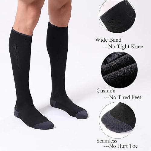FITRELL 3 Pairs Compression Socks for Women and Men 20-30 mmHg Travel Flight Socks Medical Knee High Socks for Sport, Flying, Carers, Nurse, Pregnant Women, Varicose Veins, Black, S/M — view 5
