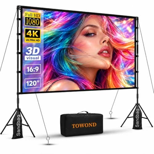 TOWOND Projector Screen and Stand, 120 inch Portable Projection Screen Indoor Outdoor Projector Screen 16:9 4K HD Wrinkle-Free Lightweight Movie Screen with Carry Bag for Backyard Movie Night