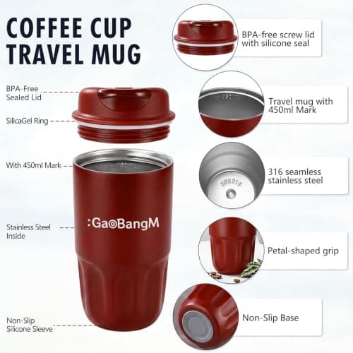 : GaoBangM 450ml Travel Mug, Insulated Coffee Cup with Leakproof Lid, Red — view 2