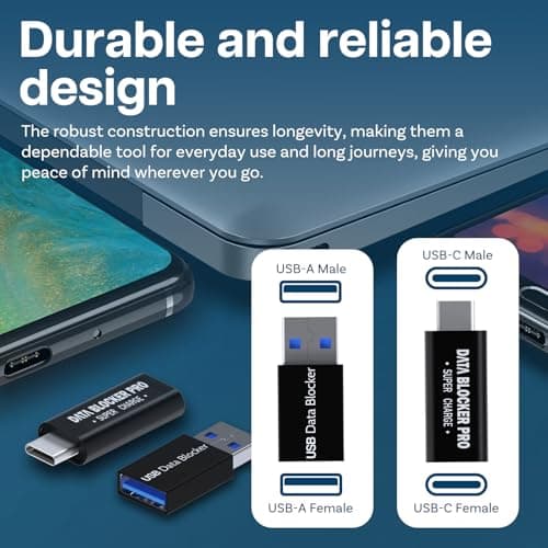 MMOBIEL USB Data Blocker & USB-C Data Blocker [2 Pack] Protect Against Juice Jacking – Charge Only Adapter, Safe Charging – USB-A/USB-C Defender - Refuse Hacking - Data Blocking Adapter – Black — view 5