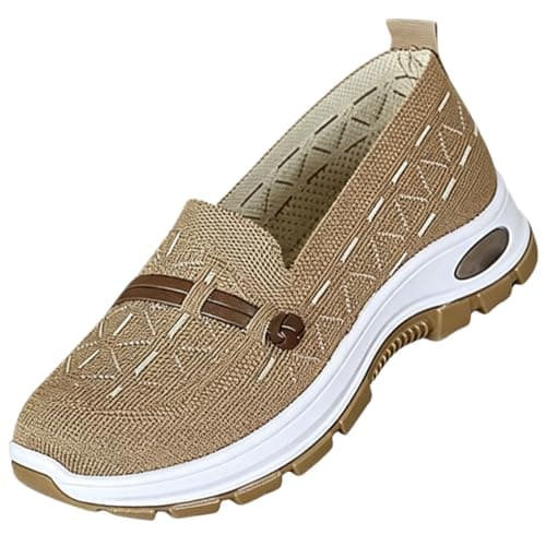 Women's Slip On Walking Shoes Breathable Mesh Knit Flats (Coffee,4)