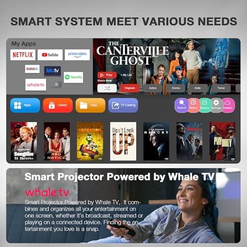 [Compatible with Netflix & Auto Focus] Mini Black Projector 4K Support, Native 1080P Smart Projector, WiFi & Bluetooth, Auto Focus & Auto Keystone Correction, 360° Stand, Home Cinema for Bedroom — view 4