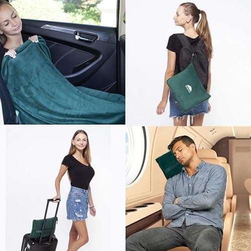 BlueHills Premium Soft Travel Blanket Pillow Airplane Flight Blanket Throw in Soft Bag Pillowcase Compact Pack Large Blanket for Travel Green (Dark Green T010) — view 3