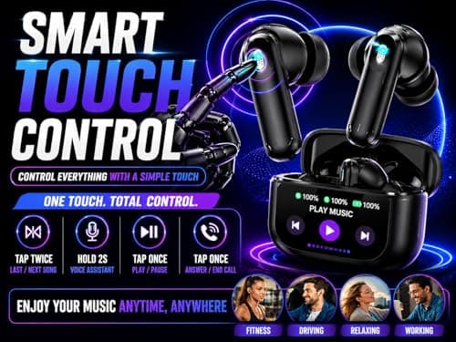 wowtravel Wireless Earbuds Bluetooth 5.4 Noise Cancelling In Ear Headphones Smart Touch Screen LED Case 48H Playtime HiFi Stereo 5 EQ Modes IPX7 Waterproof Premium Earbuds Black — view 4
