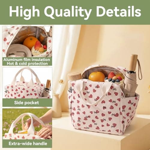 Arae Corduroy Insulated Lunch Bag Large Reusable Tote with Side Pockets Cooler Box for Work Picnic Travel Water Bottle Holder Collapsible Portable - Beige Heart — view 3