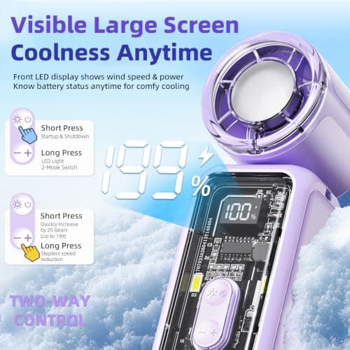 Portable Handheld Turbo Fan, 199 Speeds Rechargeable Mini Hand Held Fans with Digital Display & LED Light, Small Battery Powered Folding Personal Fan, Desk Pocket Fan for Travel Holiday Essentials — view 3