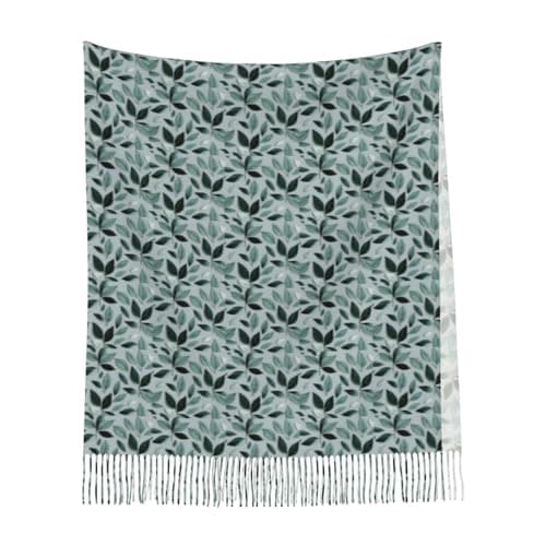 Mint Gray Leaf Print Women Men Fringe Scarf Fashion Accessory For Winter Fall Spring Travel Holiday Wear — view 6