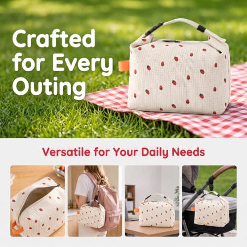 Qixkuric Lunch Bag, Corduroy Lunch Bag Waterproof Lunchbag Proof Corduroy Tote Bags Capacity Cooler Bags for Work School Picnic Travel 24 × 12 × 22cm (White Strawberries) — view 4