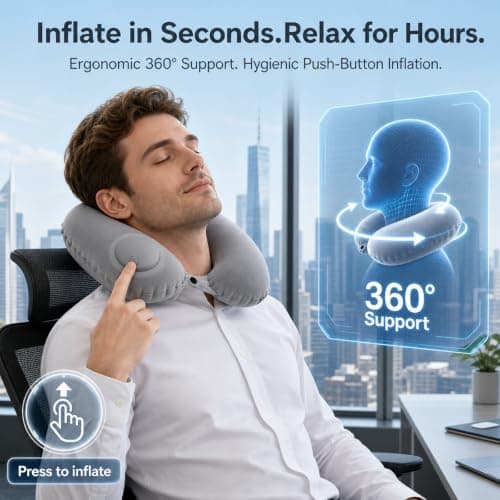 QhgPnt 2-Pack Blow Up Neck Pillow for Travel, Inflatable U Shape Cushion, Press to Inflate Neck Pillow, Travel Pillow Black and Grey for Airplanes, Trains, and Office Naps — view 5