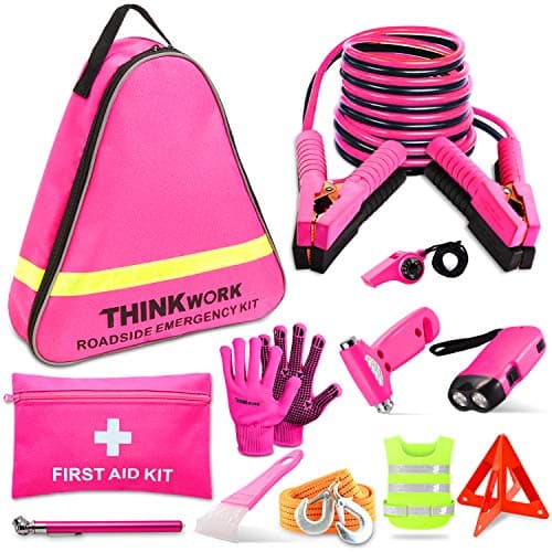 THINKWORK Car Breakdown Emergency Kit, Pink Roadside Safety Kit for Drivers