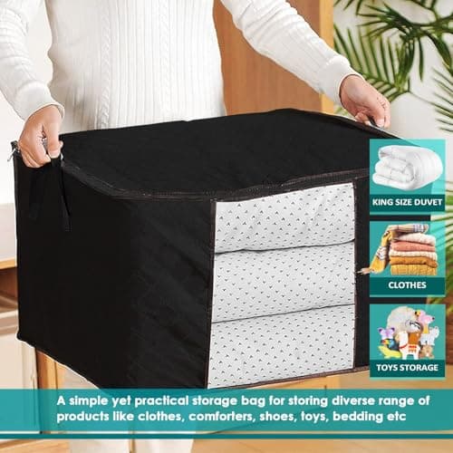 Joybees Clothes Storage Bags with Lids, 3-Pack, 90L Large Foldable Boxes with Zipper & Clear Window, Thick Scratch-Resistant Material, Moving & Bedding Storage, Black, 60 × 45 × 35 cm — view 3