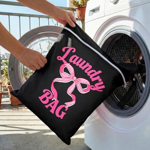 2PC Travel Laundry Bags, 55X45CM Large Waterproof Laundry Bags with Side Handles & Zippers, Dirty Clothes Organiser for Travel & Home Use (Pink Bows on Black Background) — view 3