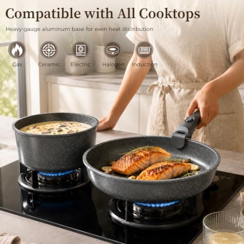 YASHE 9Pcs Granite Nonstick Pots and Pans Set, Stackable, Oven Safe — view 4