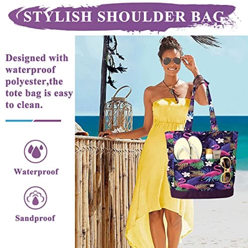 VASCHY Beach Bag, Water Resistant Large Women's Lightweight Foldable Summer Shoulder Bag with Zip and Multi-Pockets for Holidays, Travel, Beach, Pool, Shopping, Gym, 17.3 L, A-Flamingo purple, Taille — view 6