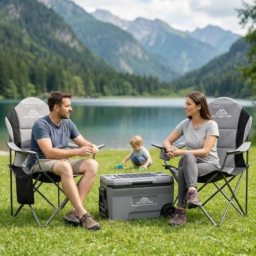 Outsetter Folding Camping Chair High Back, Large Padded Chair with Cup Holder and Side Pockets,Seat with Breathable Mesh, Portable & Comfortable,Holds up to 120kg for Outdoors, Fishing(Light Grey) — view 2