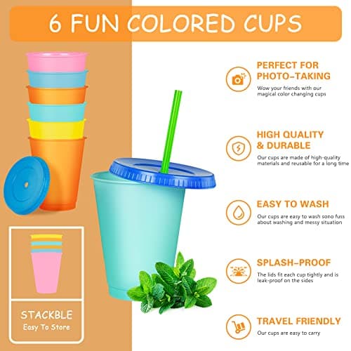 AUAUY Reusable Color Changing Cup, 6 Pack BPA Free Plastic Tumbler Set — view 4