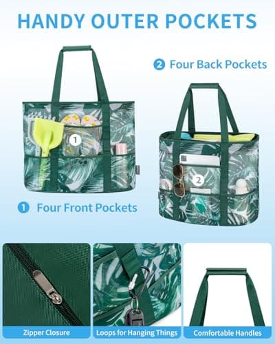 Large Beach Bag with Zip Mesh Beach Bags for Women Men Family, M Coconut — view 5