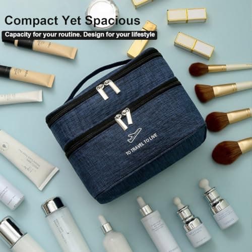 Travel Makeup Bag for Women, Large Capacity 2-Layer Cosmetic Organiser with Makeup Brush Organiser, Water-Resistant Durable Nylon Toiletry Bag, Portable Make Up Bags Case for Travel, Home Use (Black) — view 6
