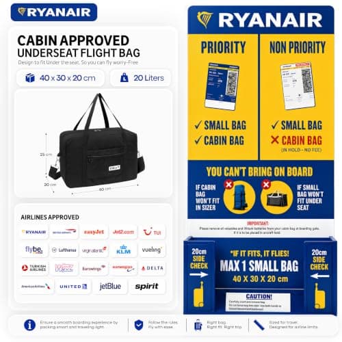 BEACH STONE Ryanair Cabin Bags 40x30x20 Duffle Bag Foldable Underseat Bag Lightweight Under Seat Cabin Bag Weekend Trips Hospital Use Gym Essentials Women and Men 20L — view 2