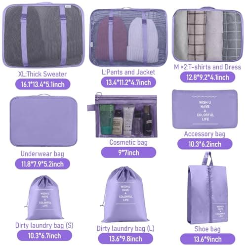 10pcs Packing Cubes for Suitcases, Travel Organiser Packing Bags for Clothes Shoes Toiletries Travel Luggage Organizers Storage Bags (Deep Purple) — view 2