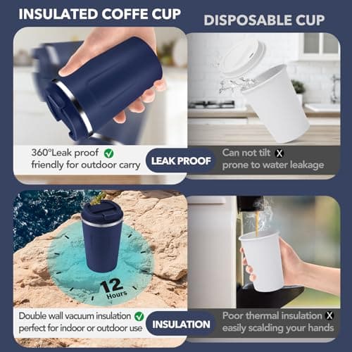 Volhoply 360ml 12oz Double Wall Insulated Vacuum Travel Coffee Mugs with Flip Lid Bulk 2 Pack,Reusable Stainless Steel Leak Proof Coffee Cup,Cafe Thermal Tumbler for Hot & Cold Drinks(Navy,2 Set) — view 3