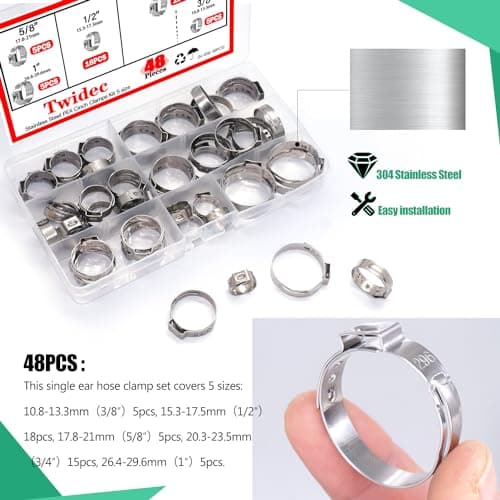 Twidec/48PCS 3/8",1/2",3/4",5/8",1" PEX Cinch Clamps Kit 5 size,Stainless Steel Pex Crimp Rings,Single Ear Hose Clamps For Pex Pipe Fitting Connections N-058-48PCS — view 6
