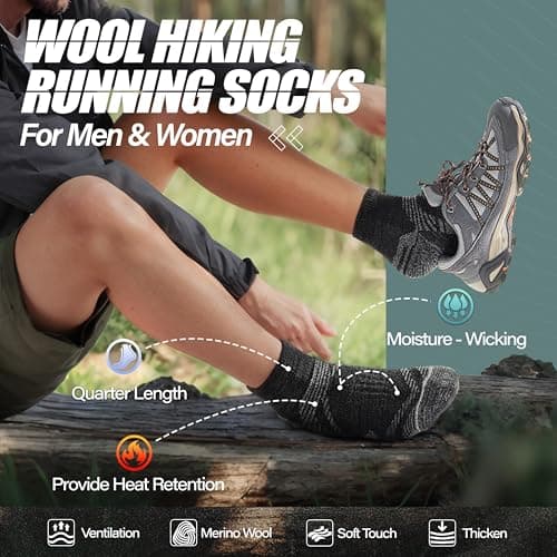 ANTSANG 6 Pairs Merino Wool Quarter Socks Running Walking Hiking Compression Support Breathable Thermal Warm Thick Cushion Ankle Unisex Socks for Women Men(7-11, Black Series) — view 2